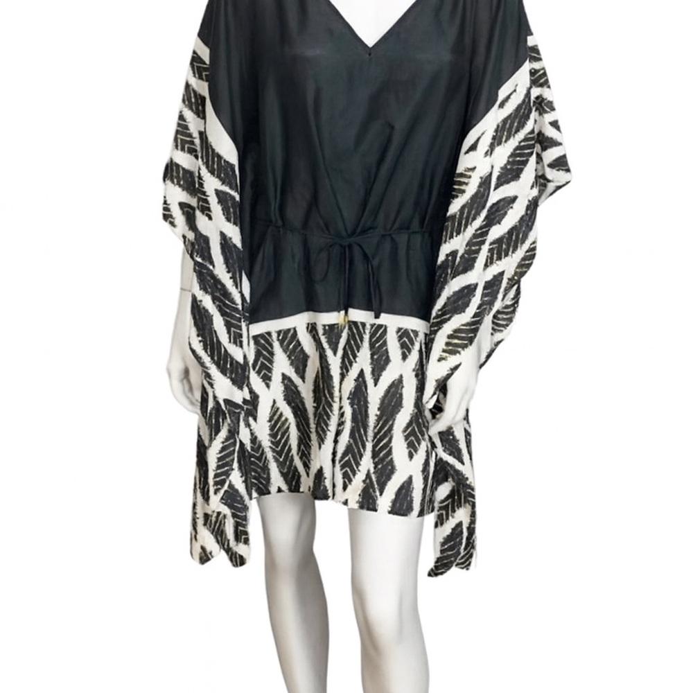 Black and White Feather Print Kimono/Cover-Up